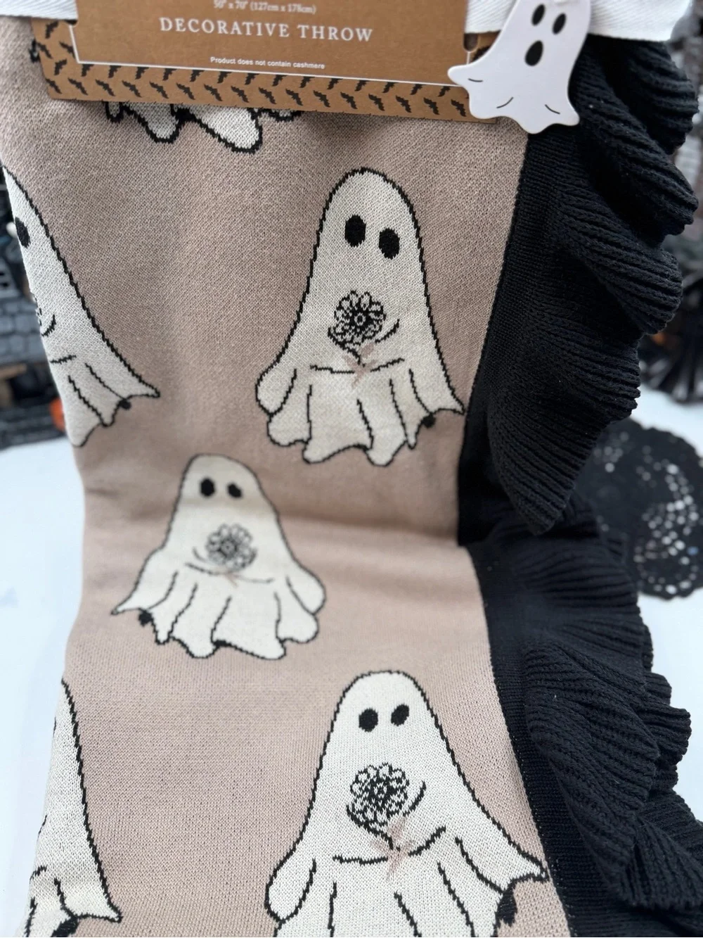 Cupcakes & Cashmere Ghost Knit Ruffle Throw Blanket 50x70 Halloween NWT Viral